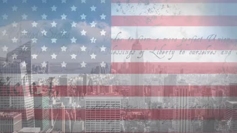 Animation-of-american-flag-and-constitution-text-over-cityscape
