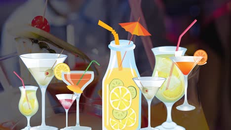 Animation-Von-Cocktailgläsern-über-Mehreren-Cocktails-Im-Hintergrund
