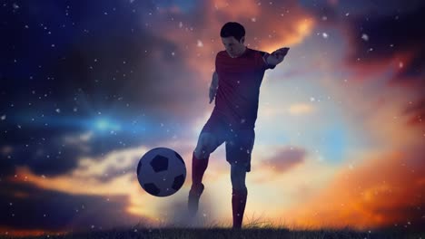 Animation-of-dust-floating-caucasian-soccer-player-at-sunset