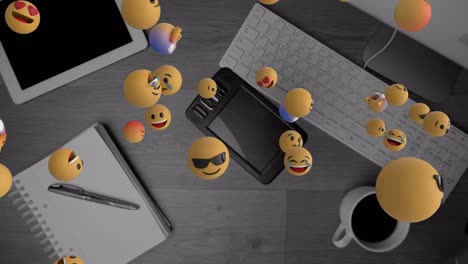 Animation-Von-Emoji-Symbolen-über-Tastatur-Und-Smartphone