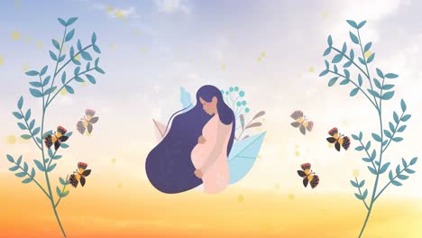 Animation-of-illustration-of-butterflies-flying-over-pregnant-woman