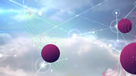 Animation-of-shapes-and-network-of-connections-over-sky-with-clouds