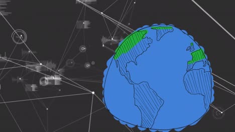 Animation-of-globe-over-network-of-connections-and-data-processing-on-black-background