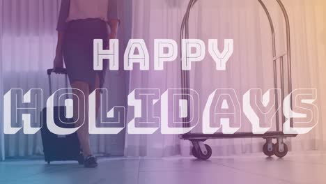 Animation-of-happy-holidays-text-over-caucasian-businesswoman-with-luggage