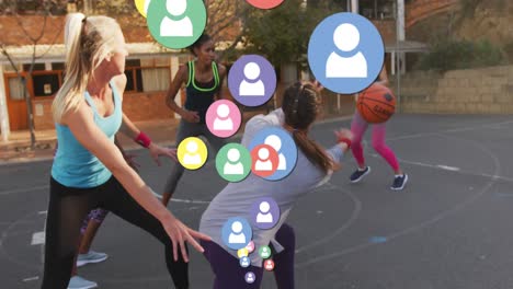Animation-of-social-media-icons-over-diverse-basketball-players