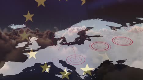 Animation-of-flag-of-european-union-and-map-over-clouds-in-sky