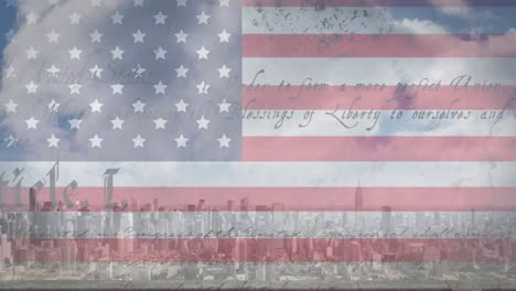 Animation-Der-Amerikanischen-Flagge-Und-Des-Verfassungstextes-über-Dem-Stadtbild