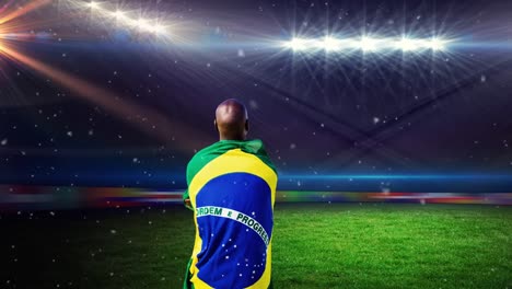 Animation-of-dust-floating-over-back-of-african-american-man-with-brazilian-flag-at-stadium
