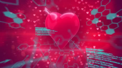 Animation-of-chemical-formulas-and-data-processing-over-rotating-heart-with-arrow