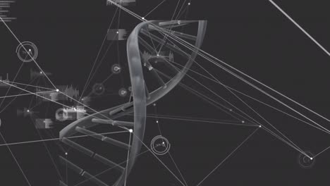 Animation-Des-DNA-Strangs-über-Ein-Netzwerk-Von-Verbindungen-Und-Datenverarbeitung-Auf-Schwarzem-Hintergrund