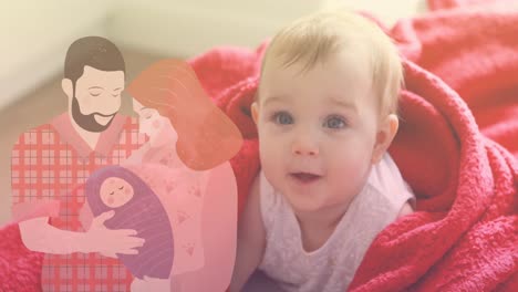 Animation-of-family-with-baby-over-caucasian-baby-smiling