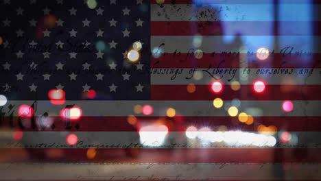 Animation-of-american-flag-and-constitution-text-over-cityscape