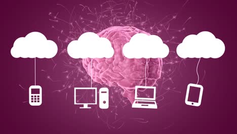 Animation-of-clouds-with-technology-devices-over-rotating-brain-with-neuronal-connections