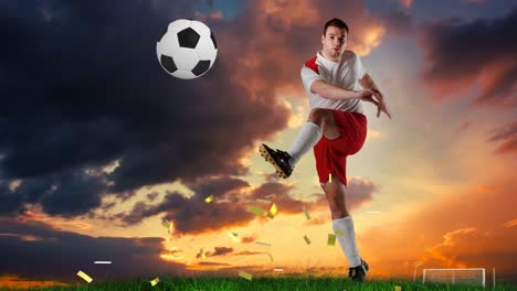 Animation-of-confetti-over-caucasian-male-soccer-player-with-ball-at-sunset