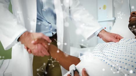 Animation-of-molecules-over-african-american-patient-shaking-hand-of-caucasian-doctor-at-hospital