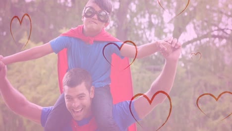 Animation-of-hearts-falling-over-caucasian-man-and-his-son-playing-together-in-garden