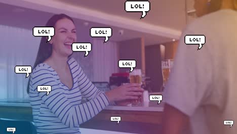 Animation-of-lol-text-over-happy-diverse-friends-talking-and-drinking-beer