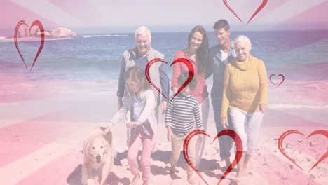Animation-of-hearts-falling-over-caucasian-family-at-beach