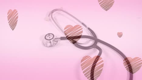 Animation-of-hearts-falling-over-stethoscope-on-pink-background