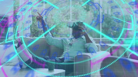 Animation-of-scope-scanning-over-african-american-man-using-vr-headset