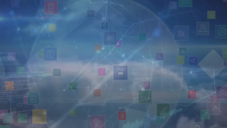 Animation-of-network-of-connections-with-medical-icons-over-globe-on-blue-background