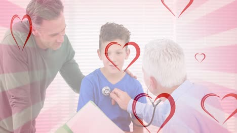 Animation-of-hearts-falling-over-caucasian-man-and-his-son-with-male-doctor