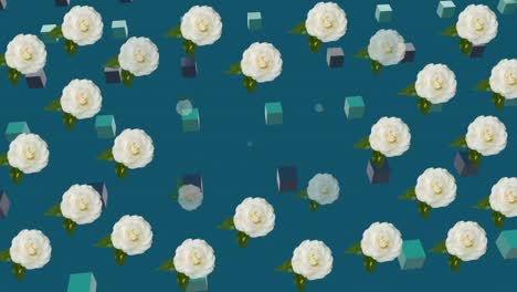 Animation-Von-Blumen,-Die-über-Rotierenden-Würfeln-Auf-Blauem-Hintergrund-Erscheinen