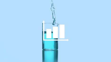 Animation-Der-Grafik-über-Einer-Blauen-Flüssigkeit,-Die-In-Einen-Glasbehälter-Strömt