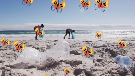 Animation-of-butterflies-over-african-american-man-and-woman-picking-up-rubbish-on-beach