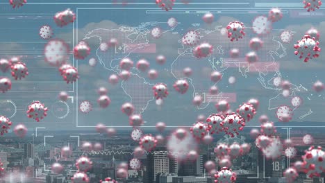 Animation-of-rotating-virus-cells-over-world-map-and-cityscape