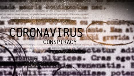 Animation-of-coronavirus-conspiracy-over-newspaper-and-london-cityscape-at-sunset
