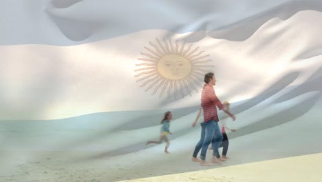 Animation-of-flag-of-argentina-over-caucasian-family-at-beach