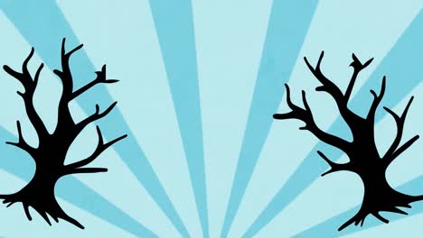 Animation-Von-Bäumen-über-Rotierendem,-Gestreiftem-Blauem-Hintergrund