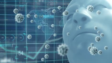 Animation-of-virus-cells,-world-map-and-human-face-model-over-screen-with-diverse-data