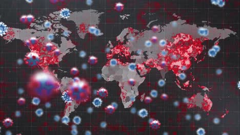 Animation-of-virus-cells-rotating-over-burning-world-map