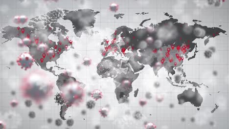 Animation-of-floating-virus-cells-over-world-map-with-red-position-marks