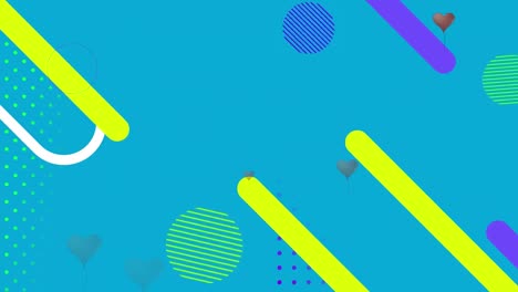 Animation-Herzförmiger-Luftballons-Auf-Blauem-Hintergrund-Mit-Gelben,-Violetten-Und-Grünen-Formen