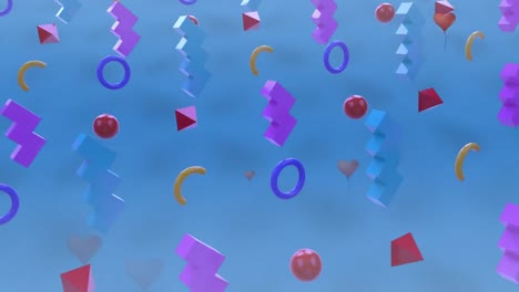 Animation-Von-Herzen,-Die-über-Sich-Bewegenden-Verschiedenen-Formen-Auf-Blauem-Hintergrund-Schweben