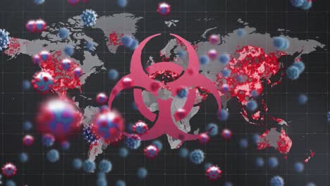 Animation-of-biohazard-symbol-and-virus-cells-over-burning-world-map
