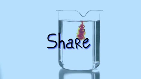 Animation-Des-Share-Textes-über-Einem-Chemischen-Reagenz,-Das-In-Einen-Glasbehälter-Fällt