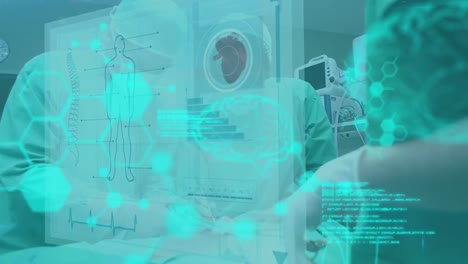 Animation-Des-Gehirnscans-Und-Der-Verarbeitung-Medizinischer-Datenschnittstellen-über-Chirurgen,-Die-Patienten-Operieren