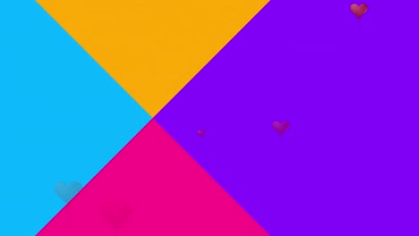 Animation-of-heart-shaped-balloons-floating-over-blue,-yellow,-violet-and-pink-background