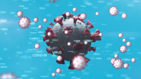 Animation-Von-Viruszellen,-Covid-19,-Schriften-Aus-China-Und-Italien-Auf-Blauem-Hintergrund