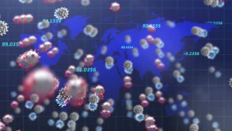 Animation-Von-Viruszellen-Und-Zahlen,-Die-über-Der-Weltkarte-Schweben