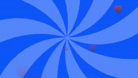Animation-of-hearts-floating-over-rotating-blue-background