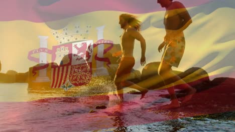 Animation-Der-Flagge-Spaniens-über-Einer-Gruppe-Von-Freunden-Am-Strand