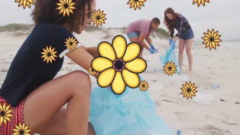 Animation-Von-Blumen-über-Verschiedene-Weibliche-Freiwillige,-Die-Am-Strand-Müll-Aufsammeln