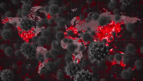 Animation-Von-Viruszellen,-Die-über-Einer-Brennenden-Weltkarte-Rotieren