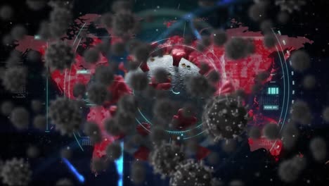 Animation-Von-Viruszellen-Und-Sucher-über-Weltkarte-Auf-Schwarzem-Hintergrund
