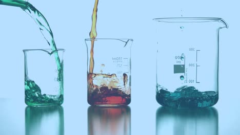 Animation-of-blue-circle-and-diverse-shapes-over-reagents-pouring-into-glass-containers